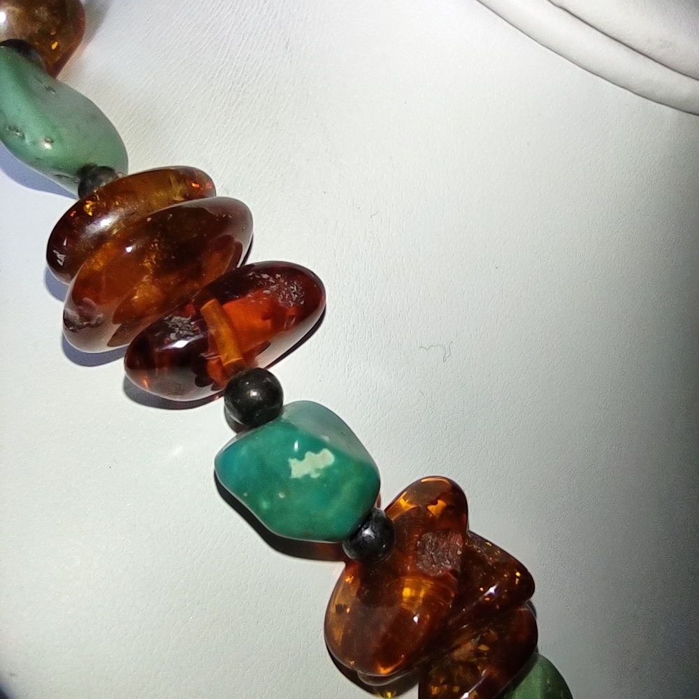 Enormous Turquoise and Amber Pendant Necklace - Statement Piece - Very Heavy - Picture 6 of 16